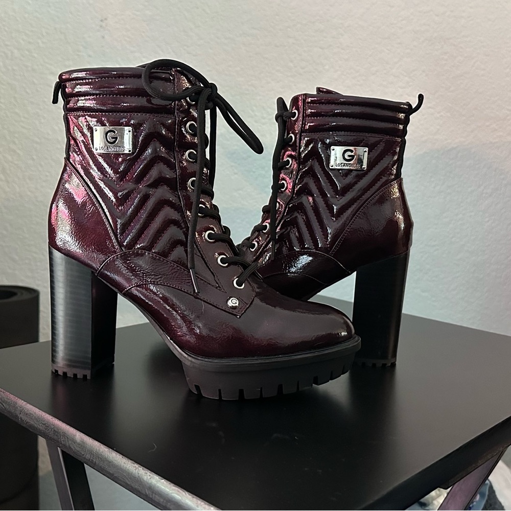 G by Guess Shiny Burgundy Lace-Up Boots